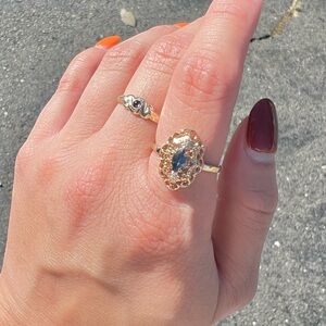 10k Yellow Gold Faceted Marquise Cut Sapphire and Diamond Scallop Vintage Ring